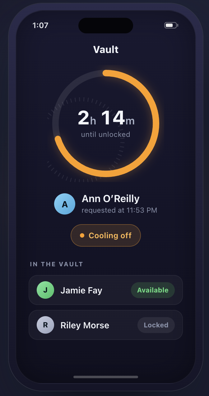 Contact Vault on iPhone showing a contact cooling off with 2 hours and 14 minutes until access, plus available and locked contacts.
